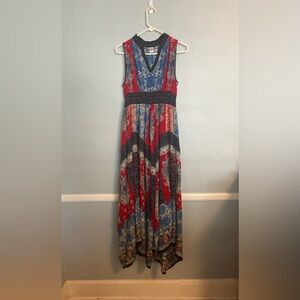 S Red, white, and blue maxi dress with handkerchief hem line